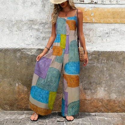 2026 Summer Women's Sleeveless Jumpsuit – Color Block Geometric Print, Spaghetti Strap, Wide-Leg Loose Vacation Romper