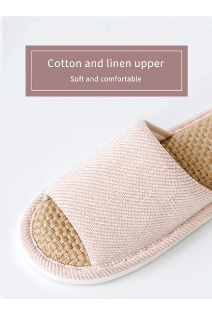 UTUNE Natural Linen Women's Slippers Mute Comfortable Indoor Home Couple Shoes Soft Sole Anti-slip Couple Four Season Slides