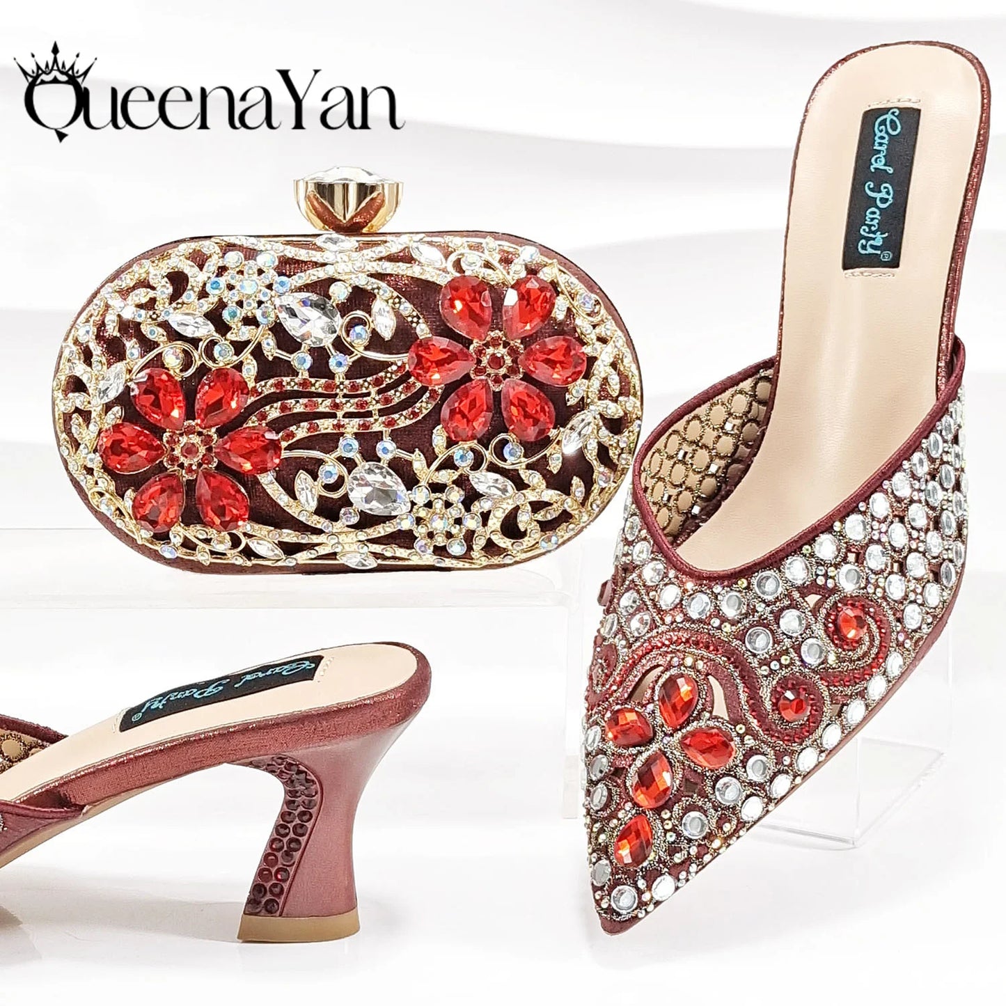 QUEENA YAN Luxury Pink Rhinestone Party Shoes and Clutch for Women- Elegant Crystal Heels with Matching Evening Bag