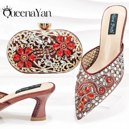 QUEENA YAN Luxury Pink Rhinestone Party Shoes and Clutch for Women- Elegant Crystal Heels with Matching Evening Bag