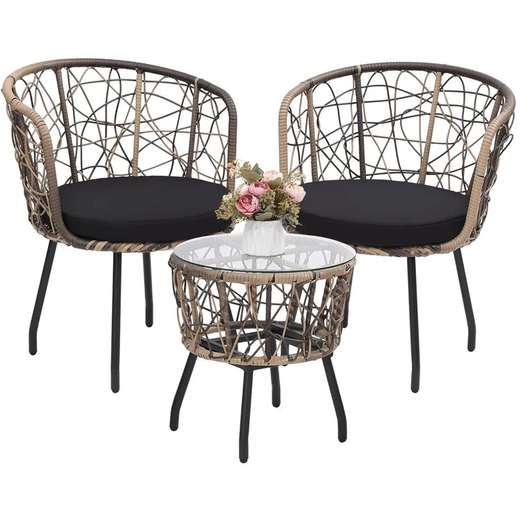4 Piece Patio Bistro Outdoor Furniture Set, Wicker Sofa, 2 Rattan Chairs, and Table, Backyard Conversation Set, All, Customized