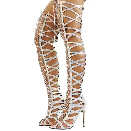 Light Lavender Laser Open Toe Cross Tied Lace Up Zipper Back Gladiator Stiletto Heel Over The Knee Thigh Long Sandals Boots