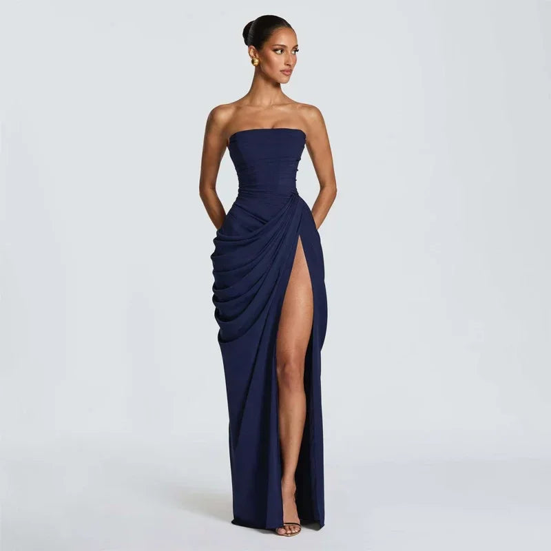 Solid Pleated Strapless Women's Dress Backless Off-shoulder High Waist Split Female Dresses 2026 Sexy Summer Evening Party Gown