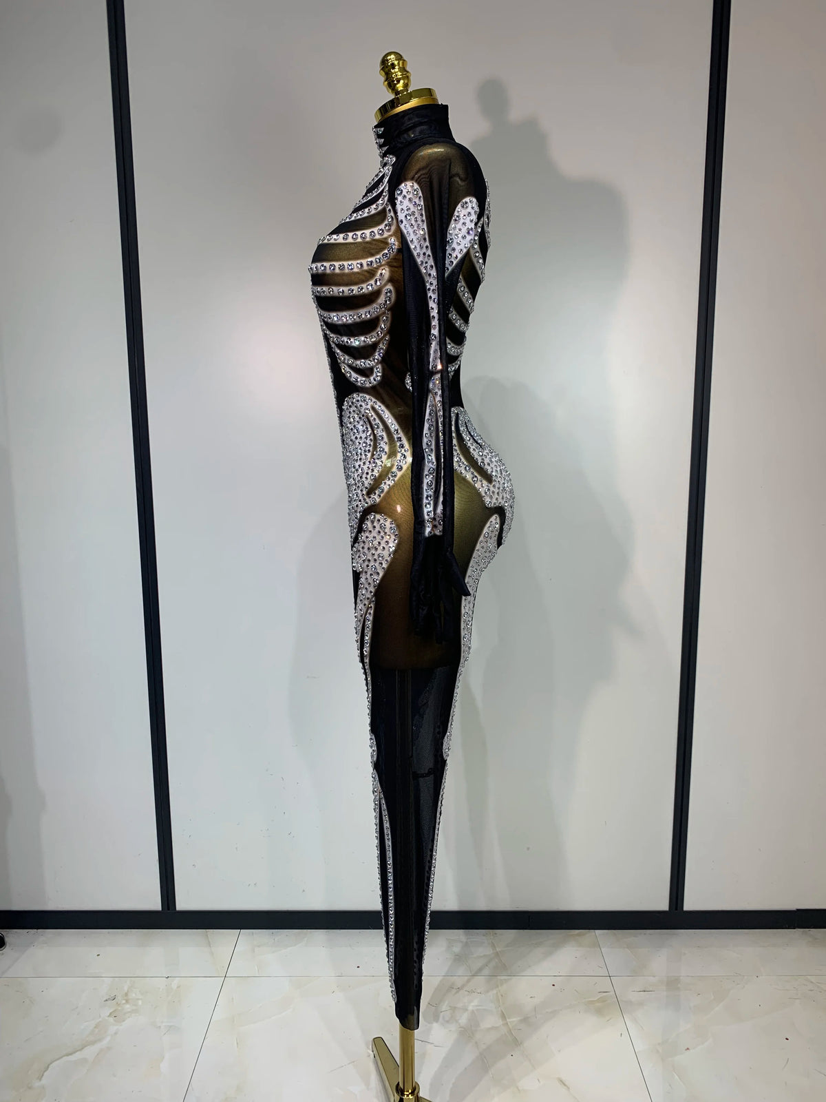Luxury Rhinestones Skeleton Mesh See Through Jumpsuit Long Sleeve Nightclub Cos Party Stage Performance Halloween Costume