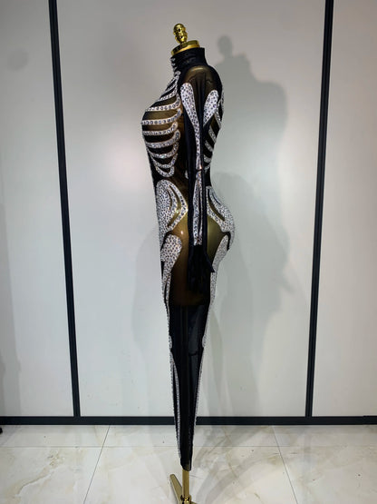 Luxury Rhinestones Skeleton Mesh See Through Jumpsuit Long Sleeve Nightclub Cos Party Stage Performance Halloween Costume