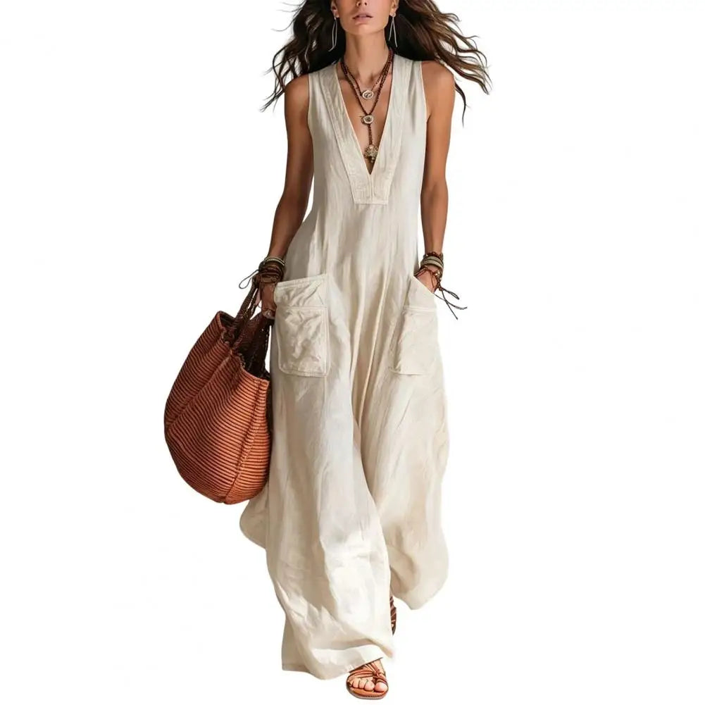 Lightweight Summer Jumpsuit Wide-leg Jumpsuit Women V Neck Jumpsuit with Pockets Wide Leg Rompers Summer Loose One for Everyday