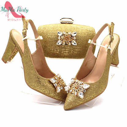 Fuchsia Color Italian Classics Design African Women Shoes and Bag Set High Quality with Shinning Crystal for Wedding Party