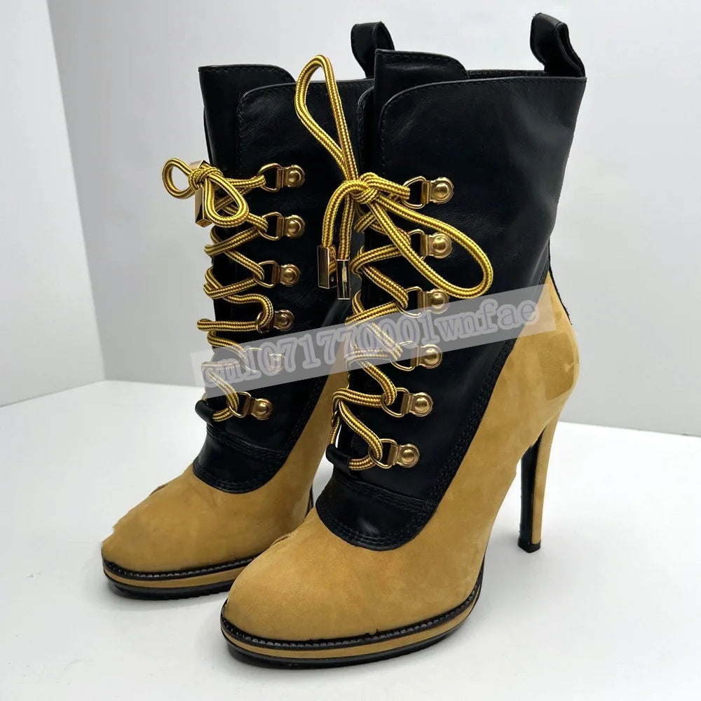 Women'S Color Lace Up Stiletto Heel Ankle Boots Faux Leather Suede High Heel Short Booties Fashion Casual Streetwear Shoes 46