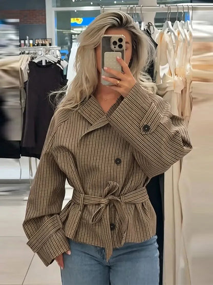 Plaid Short Trench Coat Women Lapel Collar Double Breasted Belted Waist Long Sleeve Loose Jacket 2026 Autumn Casual Chic Coats