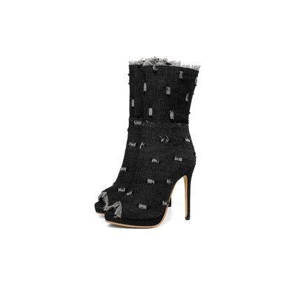 QPLYXCO Ankle Boots Women High Heels11.5cm Super Plus Size 50 51 52 Sexy Fashion Open Toe Party Spring Summer Short Boots 19-18