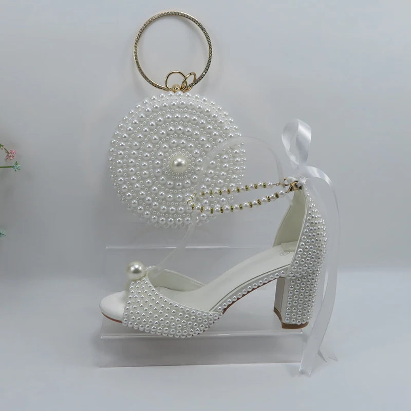 2024 New Customized White Women's Sandals Bridal Shoe Bag Set Women's Coarse Heel Big Pearl Women's Fashion Sandals Party Shoes