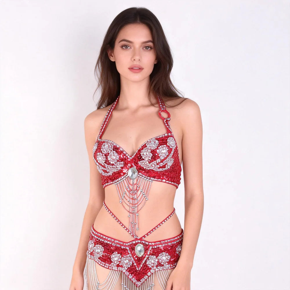 THEEPER Women Belly Dance Costume 2Pcs Set, Hand Beaded Halter Bra Adjustable Waist Belt Rhinestone Tassel Oriental Dance Outfit