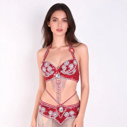 THEEPER Women Belly Dance Costume 2Pcs Set, Hand Beaded Halter Bra Adjustable Waist Belt Rhinestone Tassel Oriental Dance Outfit