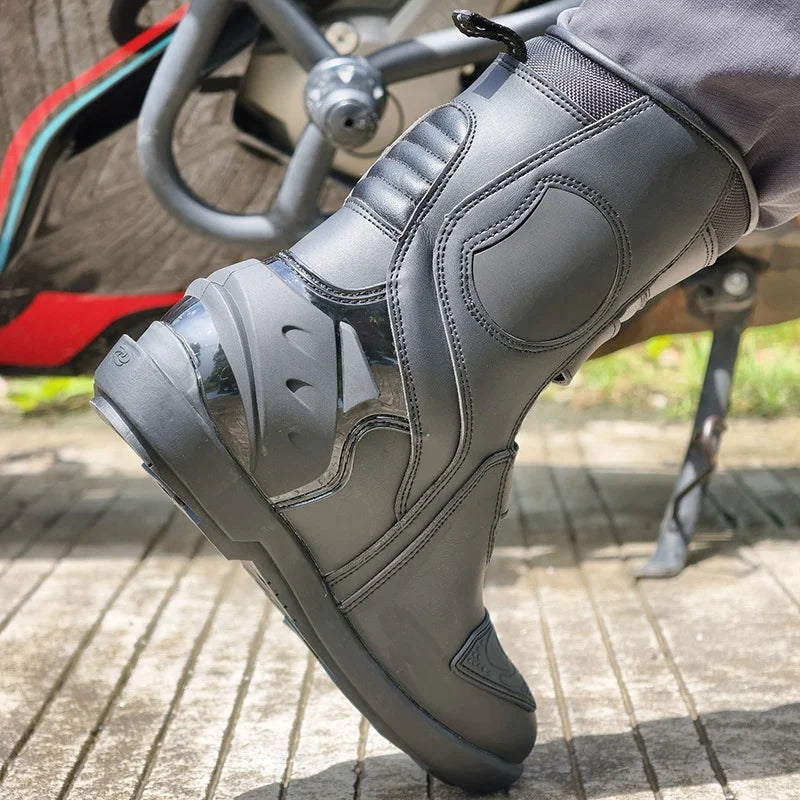 Men's Leather Motorcycle Riding Boots, Breathable Lining, Durable & Comfortable Anti-Slip Motorbike Shoes for Street Riding