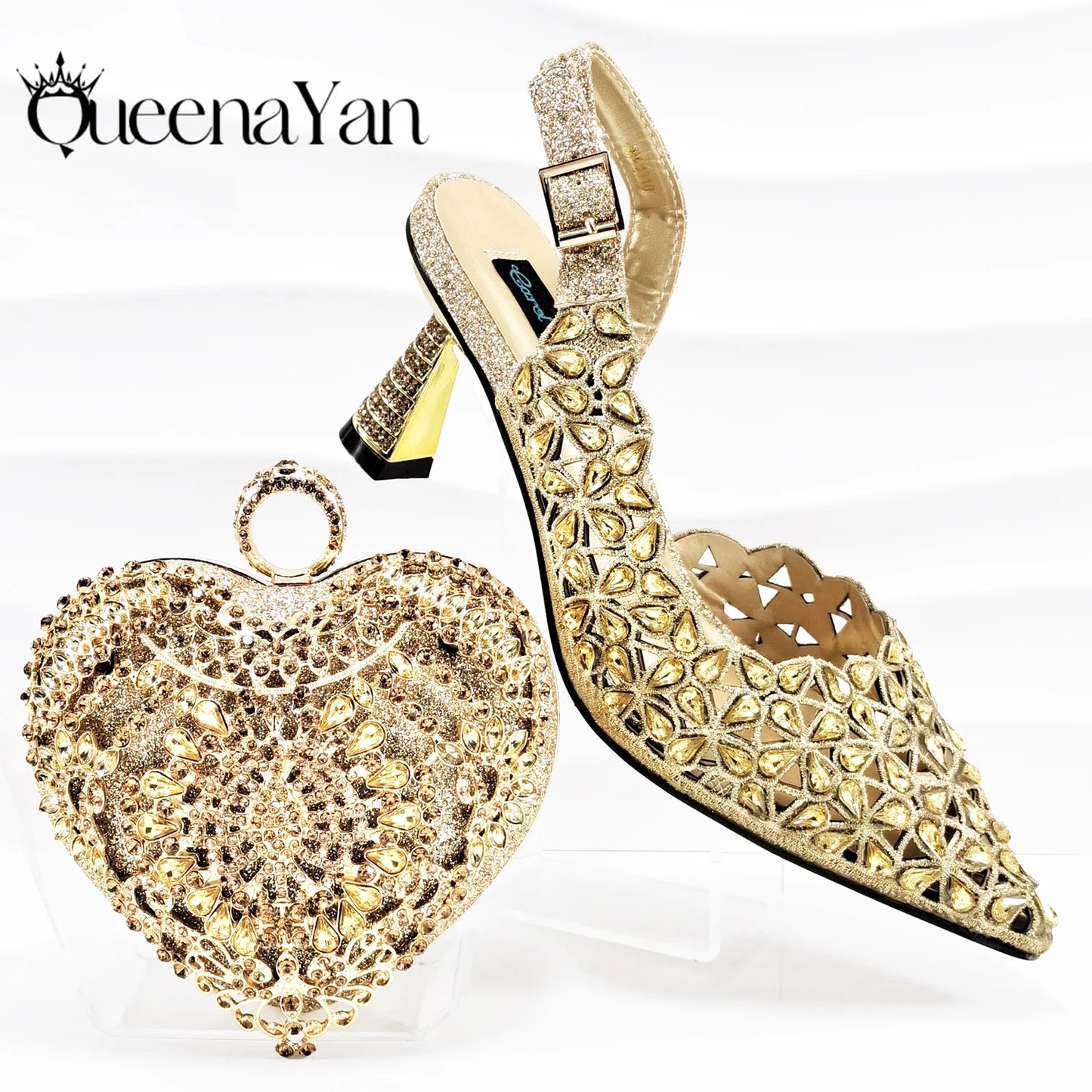 QSGFC Italian Design Rhinestone-encrusted Sex Ladies Shoes And Special Bag High Heels And Heart Shape Gold Mini Bag