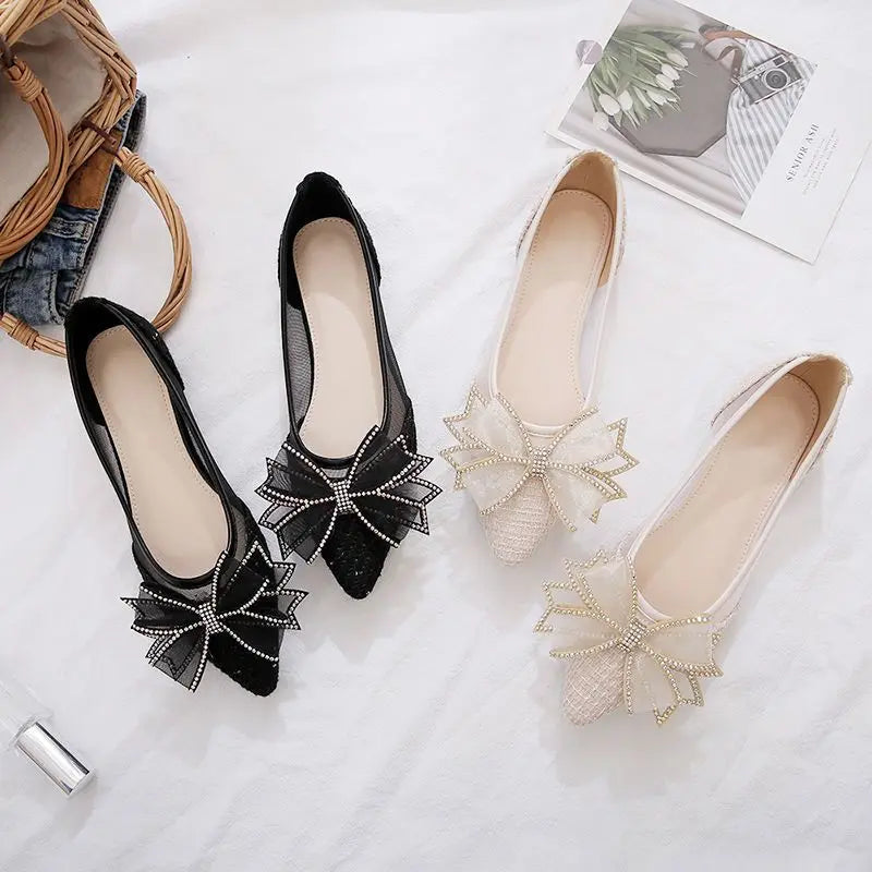 Women's Flat Mesh Shoes Diamond with Bow Pointed Toe Ladies Footwear Casual Non Slip Luxury Brand Elegant and Fashionable Y2k On