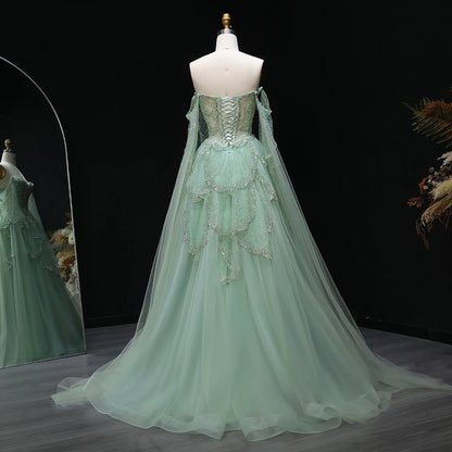 Sharon Said Elegant Off Shoulder Sage Green Evening Dress with Cape Sleeves Sweetheart Luxury for Weddig Party SS215 Customized