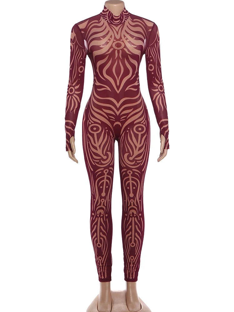 Weird Puss Sexy Striped Print Jumpsuits Women Wild Style Turtleneck Full Sleeve Midnight Party Club Stretch Streetwear Overalls
