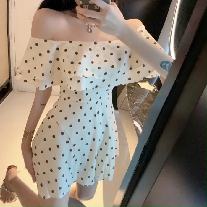 2025 Summer New Women Korean Off-shoulder Short Jumpsuit Female Chiffon Polka-dot Playsuits Ladies Short Sleeve Thin Rompers P73