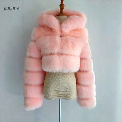 2026 Women Winter Plus Size Faux Fur Croped Coat Female Furry Hooded Long Sleeve Plush Jacket Lady Fake Fur Warm Fluffy Cardigan
