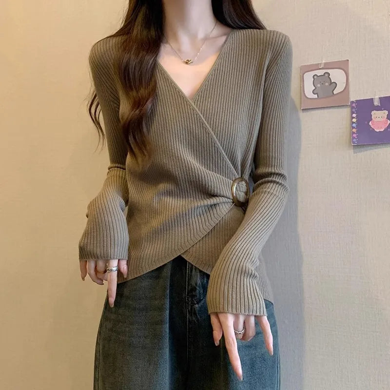Women Wrap V Neck Ribbed Knit Top Metal Ring Buckle Flare Long Sleeve Slim Sweater