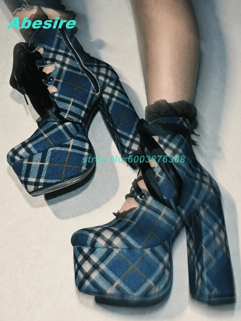 Blue Black Plaid Ankle Boots Platform Lace-Up Hollow Out chunky heels women's boots Sweet Cool Gothic Y2K Daily Wear Shoes