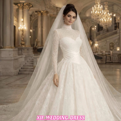 Customized Gorgeous Ball Gown Wedding Dresses Bride Gown High Neck Full Sleeves Lace Applique Saudi Arabian Bridal Dresses