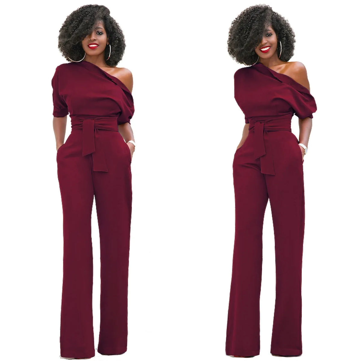 High Quality 2025 Spring Women's Casual Jumpsuits One Shoulder Slash Neck Button Romper Full Length Jumpsuit Wide Legs Jumpsuit