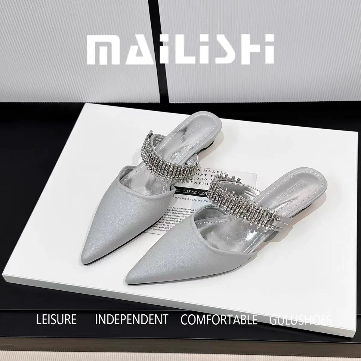 Luxury Crystal Women Slippers Pointed Toe Mules Shoes Elegant Heeled Sandals New Party Slingabck Flip Flops Elegant Mujer Shoes