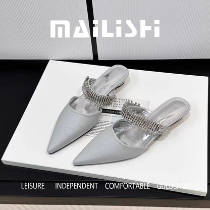 Luxury Crystal Women Slippers Pointed Toe Mules Shoes Elegant Heeled Sandals New Party Slingabck Flip Flops Elegant Mujer Shoes