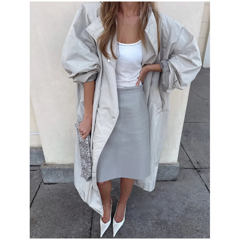 Women Black Long Solid Color Trench Coat Stand Collar Loose Drop Shoulder Single-breasted Windbreaker Lady Commute Outing Wear