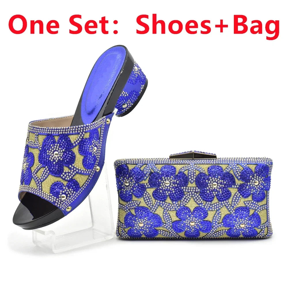 New Arrival Green Color Nigerian Shoes and Matching Bags Set Italian Ladies Shoes and Bags To Match Set Decorated with Rhinstone