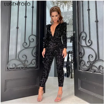 Women Sexy Jumpsuit Long Sleeve V-neck Sequins Black Skinny Party Female Fashion High Waist Jumpsuits Lugentolo