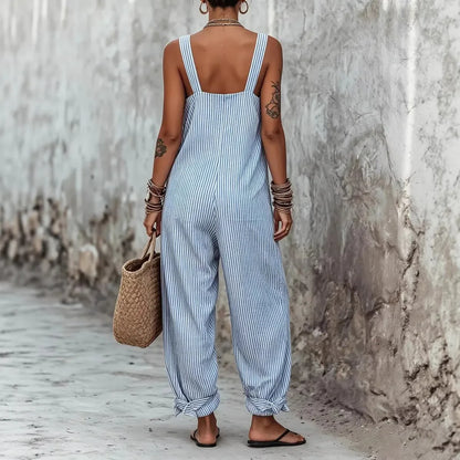 Women Print Striped Jumpsuits Sleeveless Square Neck Spliced Pocket Wide Leg Pants Casual One Piece Rompers Tank Summer 2026