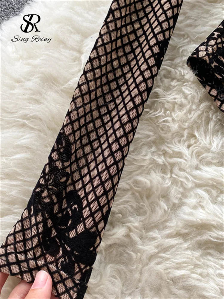 SINGREINY Fashion Women Velvet Slim Playsuits Long Sleeves Vintage Bodycon Rompers Streetwear Y2K Ins Chic Mesh Sexy Bodysuits