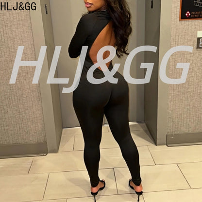 HLJ&GG Sexy Deep V Bodycon Backless One Piece Jumpsuits Women Long Sleeve Slim Playsuits Fashion Female Solid Party Club Overall