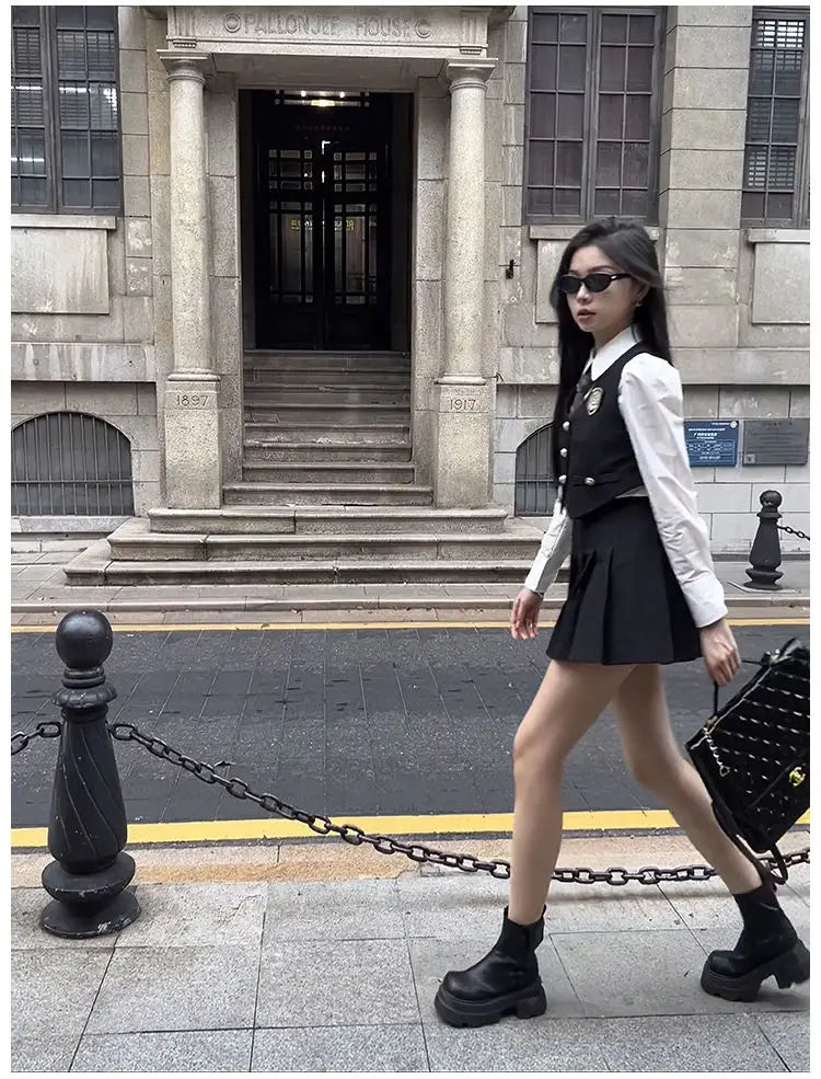 2024 england style uniform jk set suit autumn new suit waistcoat long sleeve shirt pleated skirt fashion three-piece women w753