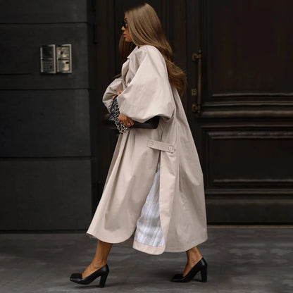 Solid Commute Women's Trench Coat Ovesized Puff Sleeve Single Breasted Long Jacket Lapel Side Slit 2026 New Autumn Lady Outwear