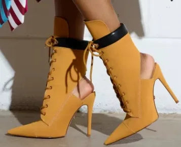 Punk Style Bling Rhinestone Pointed Toe Mid-Calf Women Boots Stiletto High Heels Lace Up Design Large Size Fashion Show Shoes
