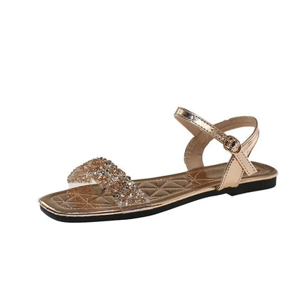 Luxury Crystal Square Toe Sandals Elegant Peep Toe Flat Slides Summer Fashionable Beach Shoes for Women