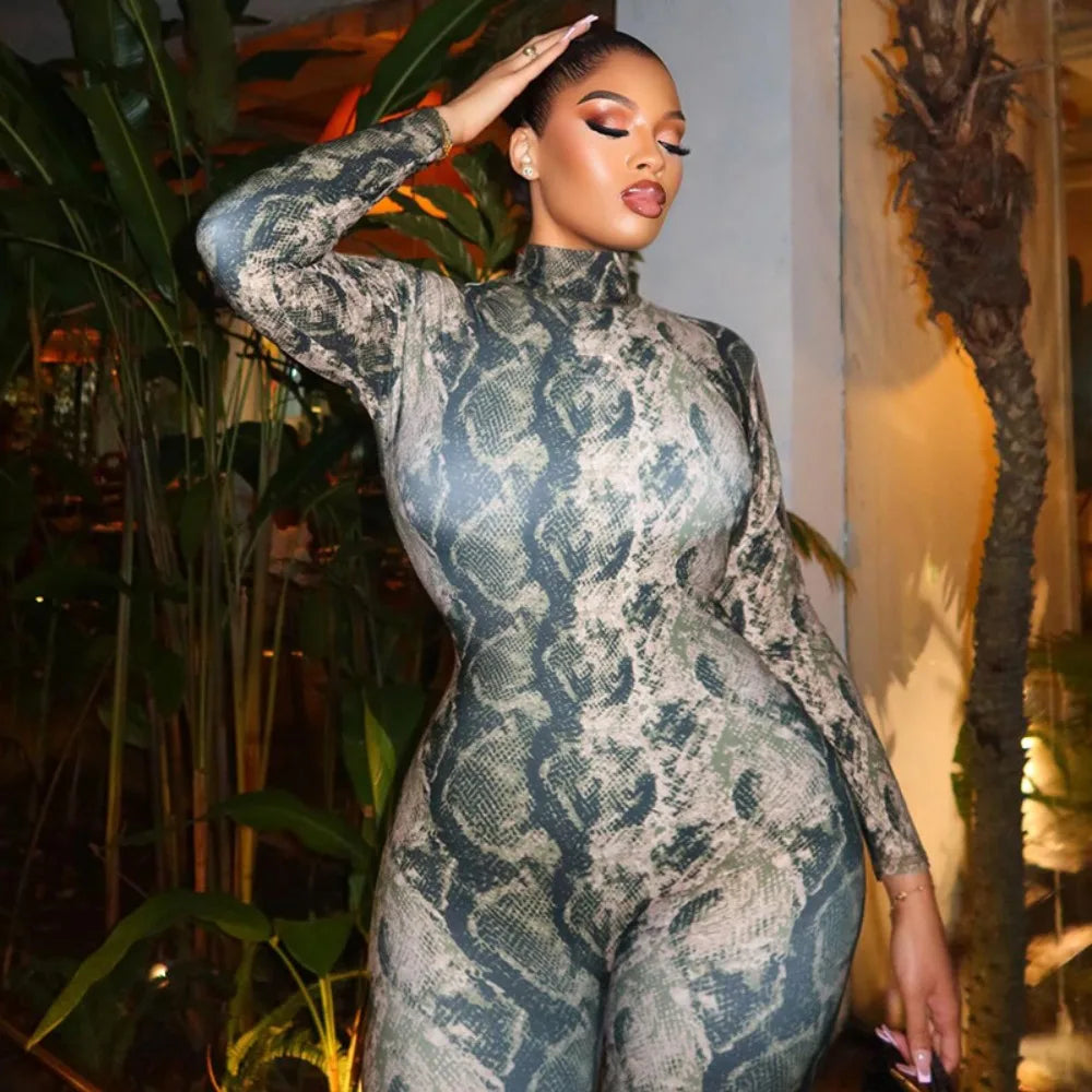 FLARORA Vintage Serpentine Printing Jumpsuits Woman Trend Turtleneck Full Sleeve Skinny Peach Hip Night Party Clubwear Overalls