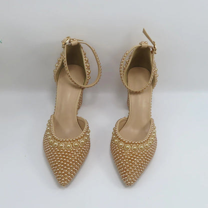 Champagne Pearl Wedding Bridal Shoes Woman Fashion Thin Heel Party Dress Shoe Lace-up Pointed Toe High Handmade Ankle Strap Shoe