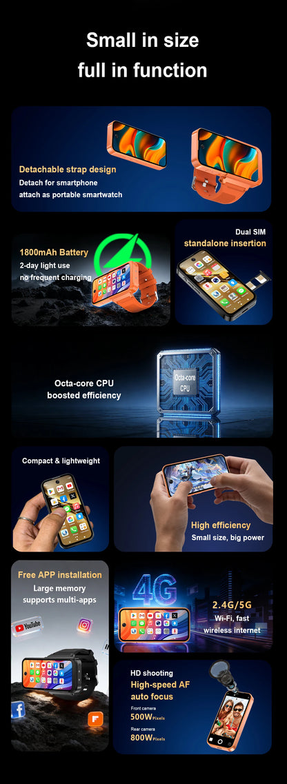 PG999 Smartwatch Phone Touch Screen 4G Wi-Fi GPS Dual SIM Dual StandbGlobal Connect Octa-Core Powerhouse HD Cameras Android 12