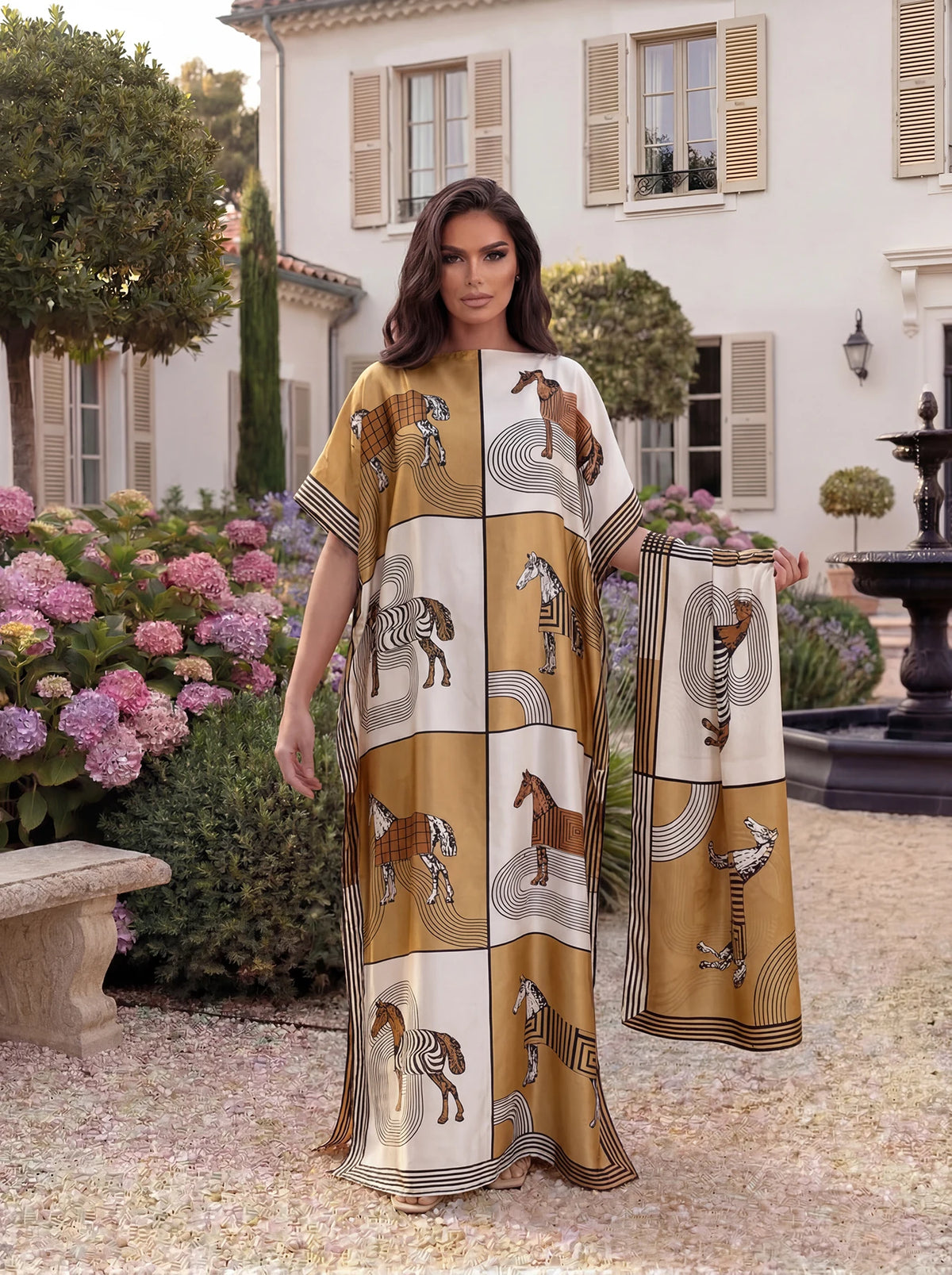 Boho Horse Leopard Geometric Print Satin Abaya Scarf Set, Loose Batwing Maxi Kaftan For Muslim Women Summer Beach Daily Wear