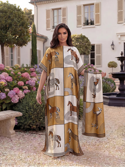 Boho Horse Leopard Geometric Print Satin Abaya Scarf Set, Loose Batwing Maxi Kaftan For Muslim Women Summer Beach Daily Wear