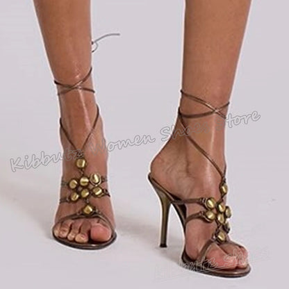 Rhinestone Sandals Lace-Up Crystal Round Toe Thin High Heels Leather Fashion Luxury Novelty Elegant Sexy Party Wedding Shoes New