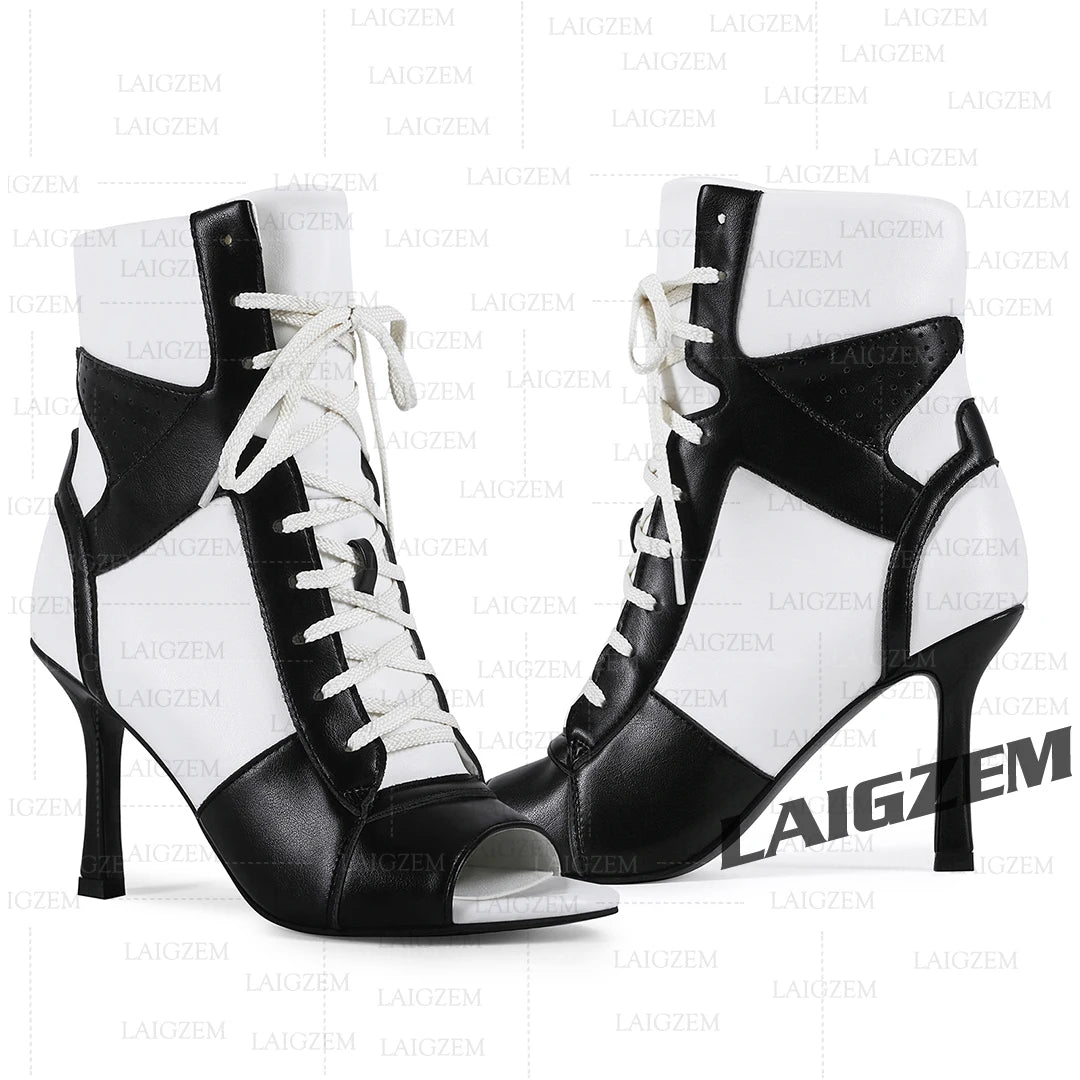 LAIGZEM Women Ankle Boots Patchwork Peep Toe Thin High Heels Boots Lace up Short Boos Ladies Handmade Shoes Woman Size 39 41 43
