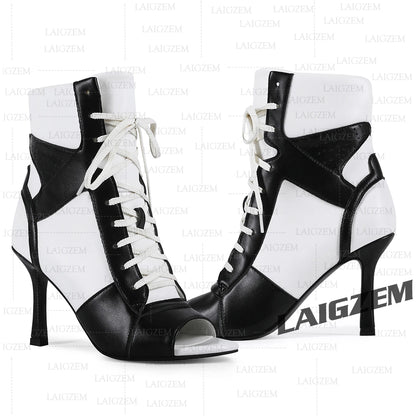 LAIGZEM Women Ankle Boots Patchwork Peep Toe Thin High Heels Boots Lace up Short Boos Ladies Handmade Shoes Woman Size 39 41 43