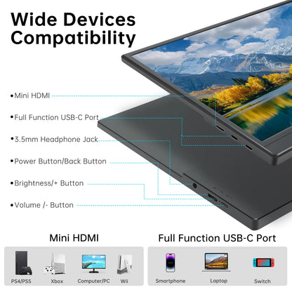 Portable Monitor 15.6 inch FHD 1080P - Ultra-Slim Portable Laptop Monitor with Kickstand - IPS Travel Monitor for Laptop PC, MAC, Phone, Xbox, PS5 - USB-C & HDMI Connectivity