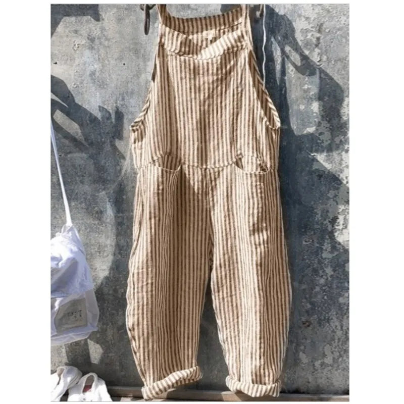 Women's Stripe Jumpsuits Cargo Pants Wide Leg Pants Trousers Multicolor Ethnic Bib Sleeveless Casual Loose Jumpsuit With Pockets